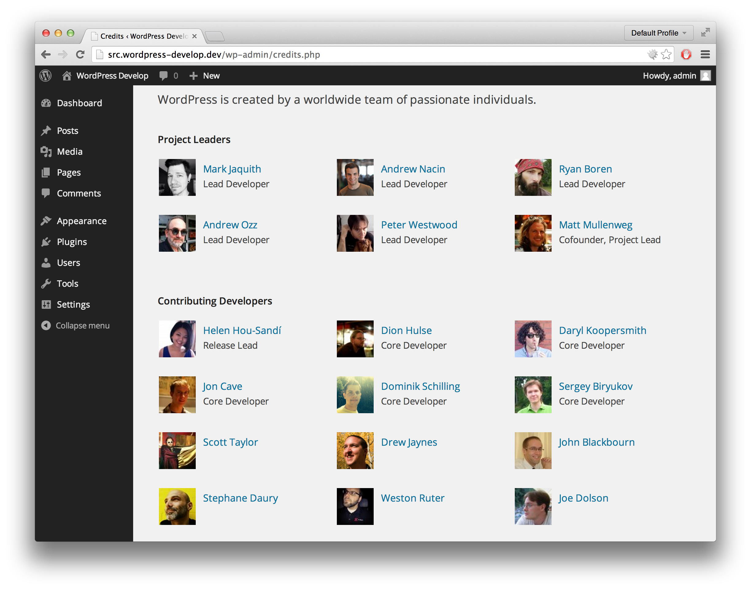 WordPress 4.0 credits page, featuring yours truly.