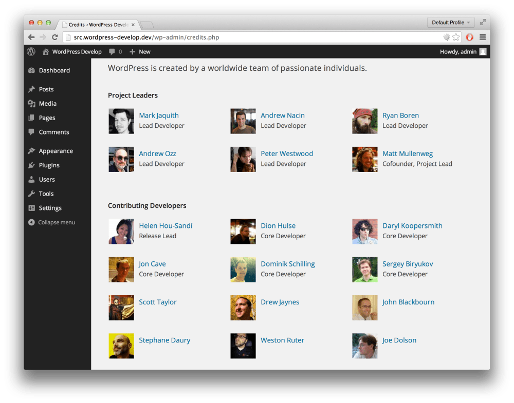 WordPress 4.0 credits page, featuring yours truly.